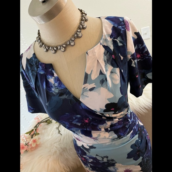 EUC 2 Adrienna Papell Blue Chic Floral Midi Classy Dress - Picture 8 of 10